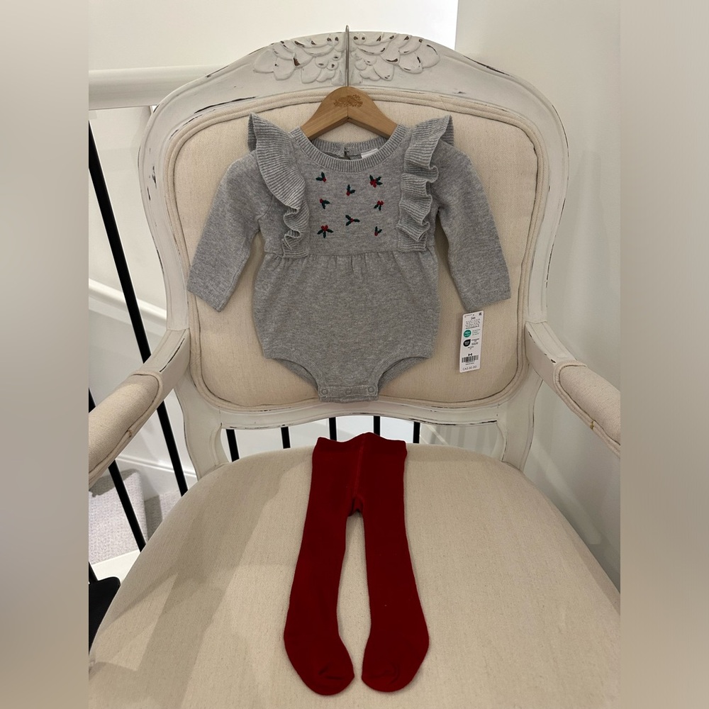 🐇 3 Mth Christmas Winter Knit Holly Bubble Onesie Set With Tights NWT